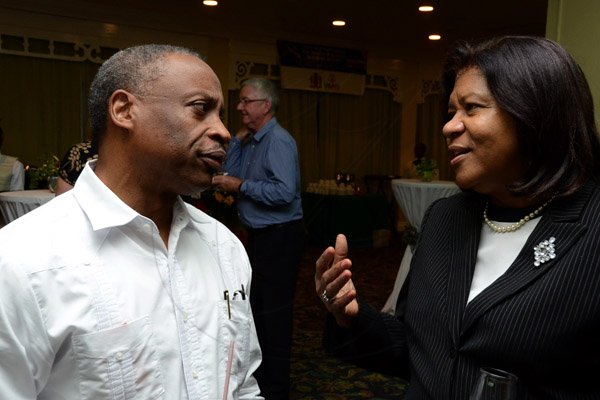 Winston Sill/Freelance Photographer
USAID/Jamaica host Appreciation Reception for their various partners and the private sector, for over 52 years, held at the Knutsford Court Hotel, Ruthven Road on Tuesday night December 9, 2014. Here are Milton Samuda (left); and Chief Justice Zaila McCalla (right).