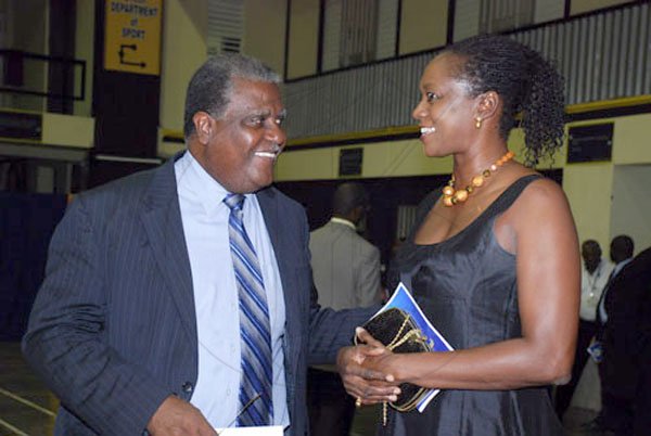 Colin Hamilton/freelance photographer
Olympian Grace Jackson has a word with Vin Lawrence during UTECH Annual Sports Awards Ceremony at the Alfred?Sangster Auditorium on Thursday February 11, 2010.