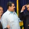 Rudolph Brown/Photographer
Prime Minister Andrew Holness,(right) chat with Nicolás Maduro, (centre) the President of the Bolivian Republic of Venezuela and Senator Kamina Johnson Smith,(left) minister of Foreign Affairs and Foreign Trade  at Jamaica House during a Working Visit to Jamaica on Sunday, May 22, 2016