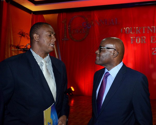 Winston Sill/Freelance Photographer
The 10th Anniversary of the Courtney Waslh Award for Excellence, held at Jamaica Pegasus Hotel, New Kingston on Thursday night October 16, 2014. Here are Courtney Walsh (left); and Brian George (right).