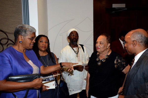 Winston Sill/Freelance Photographer
PUBLIC AFFAIRS DESK:-----Dr Judith Robinson (left) has the attention of (from second left) Pauline Findlay, Osa Osageboro, Barbara Gloudon and Christopher Samuda.

Wolmers Trust presents the Media Launch of Ailey2, held at the Jamaica Pegasus Hotel, New Kingston on Thursday night may 29, 2014.