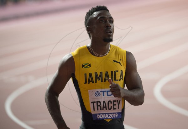 Tyquendo Tracy moments after competing in his heat of the mens 100m event. Tracy placed fourth.2019 IAAF World Athletic Championships at the Khalifa International Stadium in Doha, Qatar on Friday September 27, 2019
