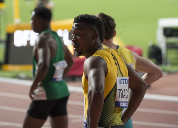 Tyquendo Tracy moments after competing in his heat of the mens 100m event. Tracy placed fourth.2019 IAAF World Athletic Championships at the Khalifa International Stadium in Doha, Qatar on Friday September 27, 2019