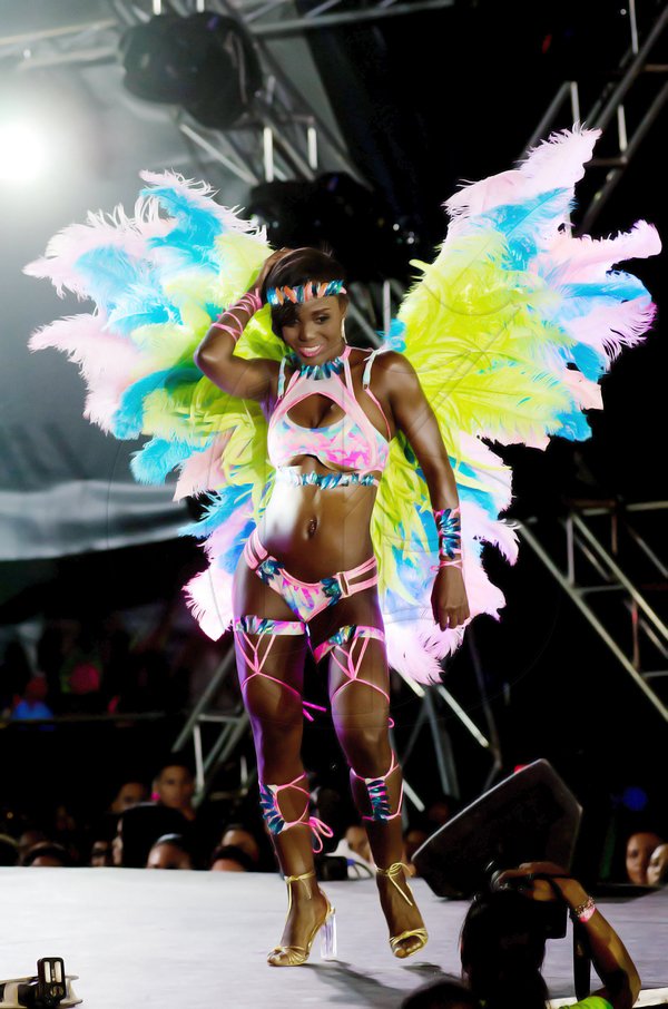 Shorn Hector/Photographer Xodus Band Costume Launch 2017. *** Local Caption *** @Normal:A model on stage during Saturdayâ€™s presentation of costumes for Xodusâ€™ carnival marchers in 2018.
