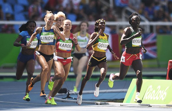 Jamaica's Natoya Goule (second right) competes int he heats of the women's 800m at the 2016 Olympic Games in Rio de Janeiro, Brazil yesterday. Goule finished 25th in 2:00.49.<\n>Ricardo Makyn/Staff Photographer