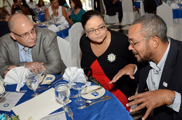 Rudolph Brown/Photographer
Senator Sandrea Falconer chat with Arnold 'JJ' Foote, (left) President of Advertising Agencies Association of Jamaica (AAAJ) and The Gleaner's  Managing Director Christopher Barnes at (AAAJ) Media Awards luncheon at the Terra Nova Hotel in Kingston on Wednesday, October 22,2014