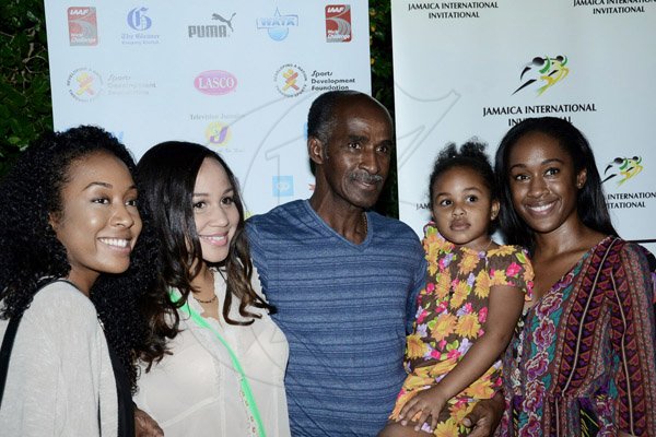 Winston Sill/Freelance Photographer
Dinner for Athletes who participated in the Jamaica International Invitational (JII) track and field meet, held at the Jamaica Pegasus Hotel, New Kingston on Friday night May 2, 2014. Here are Kira Davis-Quarrie (left); Heather Quarrie (second left); Donald Quarrie (centre); Nahla Quarrie (second right); and Tara Davis-Quarrie (right).