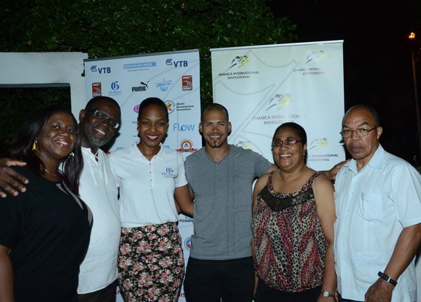 Winston Sill/Freelance Photographer
Dinner for Athletes who participated in the Jamaica International Invitational (JII) track and field meet, held at the Jamaica Pegasus Hotel, New Kingston on Friday night May 2, 2014. Here are Terry Wilson (left); Rainford Wint (second left); Terri-Karelle Reid (third left);  Felix Sanchez (centre); Charmaine Hanson (second right), Financial Controlier, Sports Development Foundation; and Dr. Warren Blake (right).