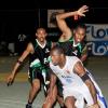 Winston Sill/Freelance Photographer
Urban Knights' Fernando Young (right) dribbles away from Spanish Town Spartans' pair of Michael Blake (right) and Javon Bailey during game one of the best-of-three finals in the Flow/National Basketball League on Friday at the National court. The Knights won 77-75 in triple overtime.