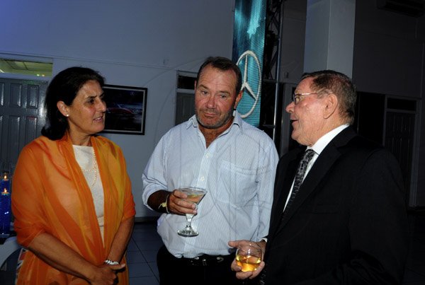 Winston Sill / Freelance Photographer
Silver Star Motors host Reception to launch new A-Class  Mercedes-Benz, held at South Camp Road on Friday night April 12, 2013. Here are Celsa Nuno (left), Spanish Ambassador; Alex Crowther (centre); and Richard Stewart (right).