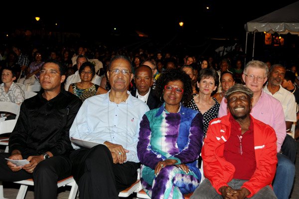 Winston Sill / Freelance Photographer
The Embassy of the United States of America presents Blues on The Green featuring 'Traces of Blue', held at Emancipation Park, New Kingston on Friday night February 22, 2013. Here from left are Andrew Holness; Rev.---?? (The Ambassador's husband); Ambassador Pamela Bridgewater; Jill Drake; Jimmy Cliff; and Howard Drake, British High Commissioner.