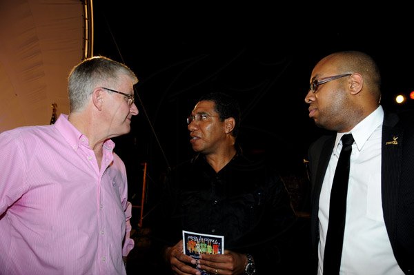 Winston Sill / Freelance Photographer
The Embassy of the United States of America presents Blues on The Green featuring 'Traces of Blue', held at Emancipation Park, New Kingston on Friday night February 22, 2013. Here are British High Commissioner Howard Drake (left); Andrew Holness (centre); and Delano Seiveright (right).
