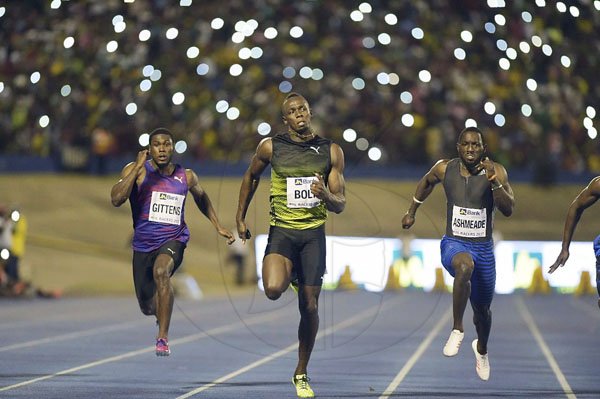 Gladstone Taylor/Photographer

Usain Bolt (center) crosses the line in 10.03 seconds for his final win on Jamaican soil, ahead of Javaughn Minzie (out of shot), second in 10.15, Nickel Ashmeade (right), third in 10.18, and Ramon Gittens (left) 10.24 seconds, at the JN Racers Grand Prix on Saturday June 10, 2017. *** Local Caption *** Gladstone Taylor/Photographer

Usain Bolt (center) crosses the line in 10.03 seconds for his final win on Jamaican soil, ahead of Javaughn Minzie (out of shot), second in 10.15, Nickel Ashmeade (right), third in 10.18, and Ramon Gittens (left) 10.24 seconds, in the Salute To A Legend 100m event at the JN Racers Grand Prix on Saturday night.