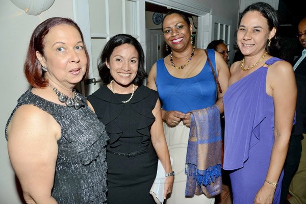 Rudolph Brown/Photographer
From left Rosie Pilliner Executive VP, Operations and Shared Services of Scotiabank Group, Monique Todd , Vice President, Marketing, Public and Corporate Affairs, Scotiabank's, Patsy Latchman-Atterbury and Lisa Johnston  at a dinner in honour of Bruce Bowen hosted by the Chairwoman of the Bank's board, Mrs. Sylvia Chrominska and the Head of International Banking in Toronto at Tavistock Terrace in Jack's Hill on Wednesday, August 28, 2013