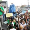 Jermaine Barnaby/Photographer
Opposition leader Andrew Holness addressing the gathering at the planned protest against bus fare increase in Half Way Tree on Monday August 25, 2014.