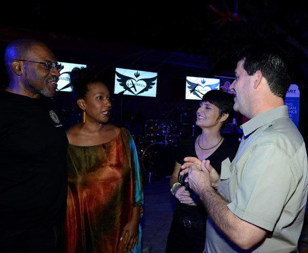 Winston Sill/Freelance Photographer
Launch of Calabash Festival 2014 under the theme "Globalishus", held at Red Bones Blues Cafe, Arygle Road on Thursday night March 20, 2014. Here are Kwame Dawes (left); Pamela Coke-Hamilton (second left); Justine Henzell (second right); and William Mahfood (right).