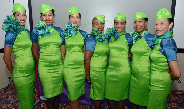 Rudolph Brown/Photographer
Caribbean Airline hostesses from left Laila Bennett, Marsha-Gaye Greaves, Onika McGan, Rosemarie Gordon-Coke, Soliann Pinnock, Christine Flowers and Paul-Ann Lee-Smith at the Caribbean Airlines awards and Corporate Event at the Jamaica Pegasus Hotel on Friday, November 15, 2013