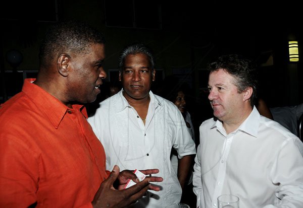 Winston Sill / Freelance Photogra
Chester Francis Jackson Birthday Party, held at Spanish Court Hotel, St. Lucia Avenue, New Kingston on Sunday  night August 26, 2012. Here are Steve Ashley (left); Nari William-Singh (centre); and Andy Thorburn (right), CEO, Digicel Jamaica.
