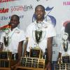 Ian Allen/Photographer
Top three finishers in the 2013 Gleaner Spelling Bee championship Christian Allen centre, winner from Ardenne High in St.Andrew, Stephen Nelson left, Glenmuir High and Clarendon place second and Chaunte Blackwood right of Wolmer's Preparatory and Kingston who placed third. The championship was held at the Jamaica Pegaus otel in Kingston on Wednesday.