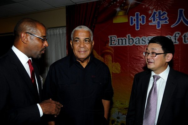 Winston Sill / Freelance Photographer
Chinese Ambassador Qingdian Zheng host China National Day Reception, held at the Jamaica Pegasus Hotel, New Kingston on Wednesday night September 26, 2012. Here are Ricardo Allicock (left); Minister Robert Pickersgill (centre); and Ambassador Zheng (right).