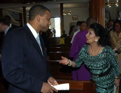Ian Allen /  Photographer
Cuban Ambassador to Jamaica, His Excellency Yuri Ariel Gala Lopez left, chat with Clelia Barreto de Hunter right, Consul of Ecudor to Jamaicaduring the Church Service of Observance of Diplomatic week 2012 in celebration of the 50th Anniversary of Jamaica Independence and the 30th Anniversary of the Opening for Signiture of the United Nations Convention on the Law of the Sea(UNCLOS). The Service was held at the University Chapel, University of the West Indies, Mona on sunday.