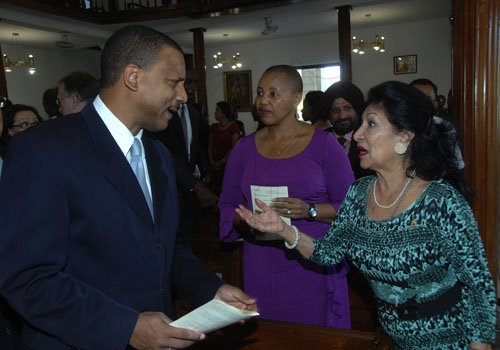 Ian Allen /  Photographer
Cuban Ambassador to Jamaica, His Excellency Yuri Ariel Gala Lopez left, chat with Clelia Barreto de Hunter right, Consul of Ecudor to Jamaica during the Church Service of Observance of Diplomatic week 2012 in celebration of the 50th Anniversary of Jamaica Independence and the 30th Anniversary of the Opening for Signiture of the United Nations Convention on the Law of the Sea(UNCLOS). Looking on is Mathu Joyini centre, High Commissioner of the Republic of South Africa. The Service was held at the University Chapel, University of the West Indies, Mona on sunday.