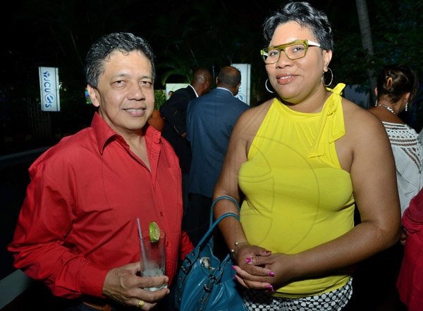 Rudolph Brown/Photographer
Dianna Blake-Bennet chat with David Wan at the JCCUL cocktail reception in honour of the existing stakeholders in the Jamaica Credit Union E-Payment Services (JCUES) its new mobile payment system at 9 Rosemarie Drive in St. Andrew on Friday, August 16, 2013