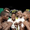 Winston Sill/Freelance Photographer
Guyana's Derick 'Dangerous' Richmond (left) of the Yellow Team squares off with Jamiaca's Sakima Mullings (Green Team at the launch of this year's J Wray and Nephew White Overproof Rum Contender Series at TVJ Studios, Lyndhurst Road, St Andrew on Thursday night. Also in photograph are Chloe DaCosta (second left), brand manager, Schweppes and Cecil Smith (second right), group brand manager- rum, J Wray and Nephew.