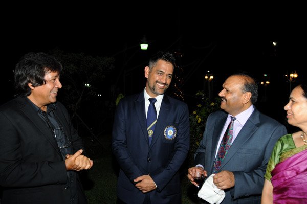 Winston Sill/Freelance Photographer
India High Commissioner Pratap Singh host Reception for India and West Indies Cricket Teams, held at India House, East Kings House Road on Thursday night June 27, 2013. Here are Kenny Benjamin (left); Mahendra Singh Dhoni (second left), India Cricket Team Captain; High Commissioner Singh (second right); and Prem Lata Singh (right).