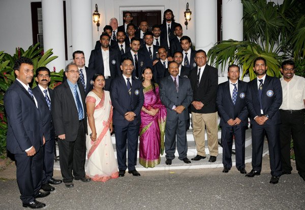 Winston Sill/Freelance Photographer
India High Commissioner Pratap Singh host Reception for India and West Indies Cricket Teams, held at India House, East Kings House Road on Thursday night June 27, 2013. Here High Commissioner Singh and wife Prem Lata Singh (centre) pose the Indian Cricket Team.