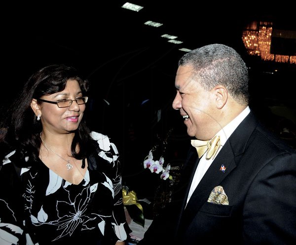Winston Sill / Freelance Photographer
Dr. Jose Tomas Ares German, ambassador of the Dominican Republic and wife Sheila Stefan de Ares host reception to celebrate the 168th Anniversary of Independence of Dominican Republic, held at the Jamaica Pegasus Hotel, New Kingston on Monday night February 27, 2012. Here are Indera Persaud (left); and Ambassador German (right).
