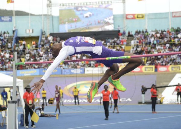 Shorn Hector/PhotographerBlaine Byam of Kingston College wins the boy's class two high jump clearing 2 meters on day five of the ISSA/GraceKennedy Boys and Girls’ Athletics Championships held at the The National Stadium in Kingston on Saturday March 30, 2019