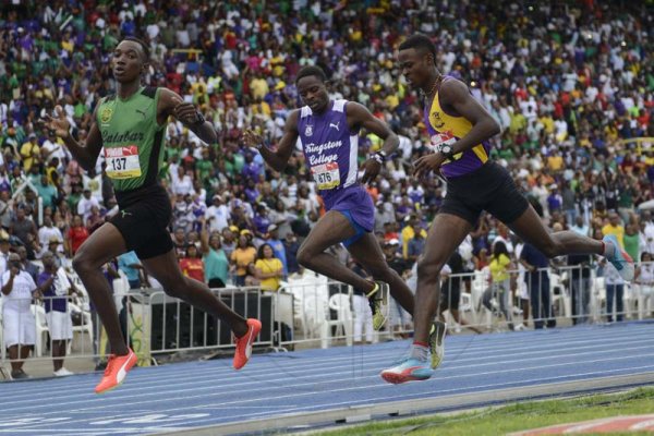 Shorn Hector/Photographer Kimar Farquarson of calabar wins boy's class one 00 meter run on day five of the ISSA/GraceKennedy Boys and Girls’ Athletics Championships held at the The National Stadium in Kingston on Saturday March 30, 2019