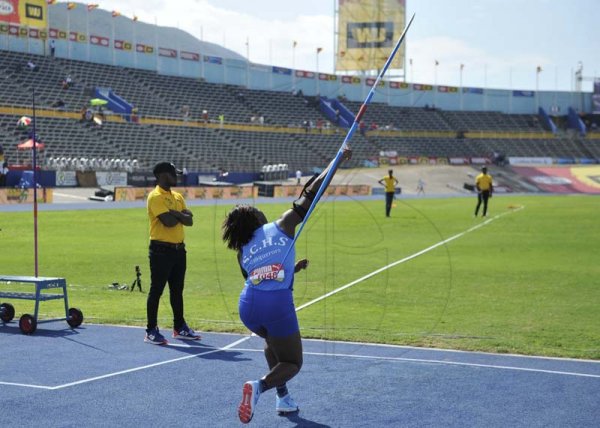 Shorn Hector/Photographer Ashley Duffus winner of the girls Javelin Throw ope on day four of the ISSA/GraceKennedy Boys and Girls’ Athletics Championships held at the The National Stadium in Kingston on Friday March 29, 2019