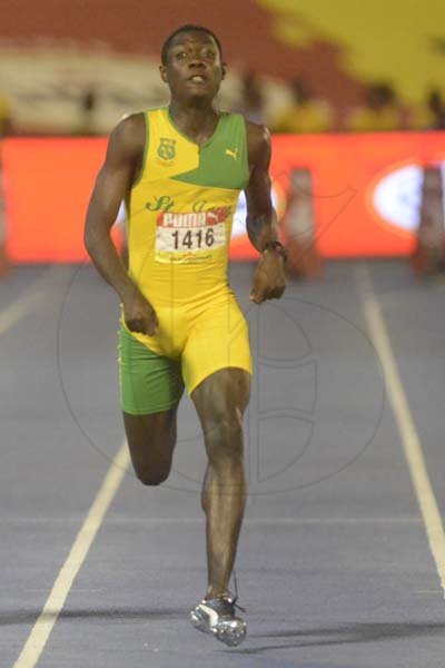 Shorn Hector/Photographer Vashaun Vascianna of St Jago wins the boys class 20 100 meter dash on ay four of the ISSA/GraceKennedy Boys and Girls’ Athletics Championships held at the The National Stadium in Kingston on Friday March 29, 2019