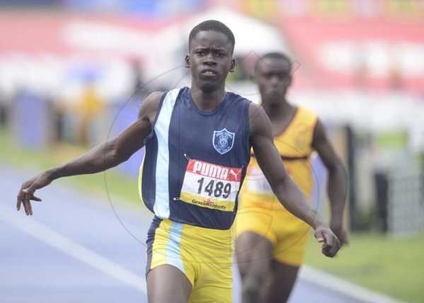 Shorn Hector/Photographer Jermaine Dobson of Tacius Golding wins heat seven of the boys class two 100 meter dash on day three of the ISSA/GraceKennedy Boys and Girls’ Athletics Championships held at the The National Stadium in Kingston on Thursday March 28, 2019