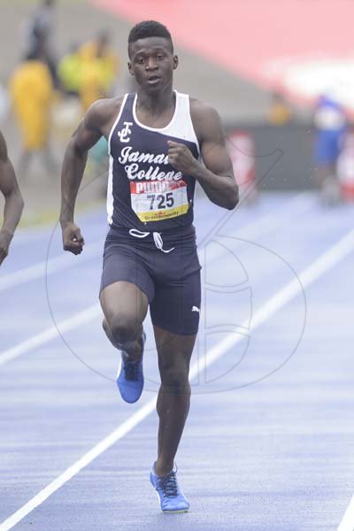 Shorn Hector/Photographer Deondre Mcintosh of Jamaica College wins heat six of the boys class two 100 meter dash on day three of the ISSA/GraceKennedy Boys and Girls’ Athletics Championships held at the The National Stadium in Kingston on Thursday March 28, 2019
