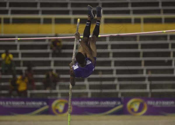Shorn Hector/Photographer Chadrick Williams of Kingston College wins the boys decathlon Pole Vault clearing a height of 3.70 meters on day three of the ISSA/GraceKennedy Boys and Girls’ Athletics Championships held at the The National Stadium in Kingston on Thursday March 28, 2019
