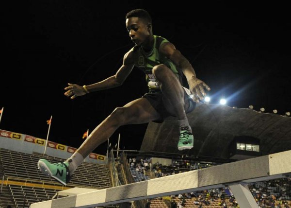 Shorn Hector/Photographer Daniel Mcdonald of Calabar High competing in the boys 2000 meters steeplechase open on day three of the ISSA/GraceKennedy Boys and Girls’ Athletics Championships held at the The National Stadium in Kingston on Thursday March 28, 2019