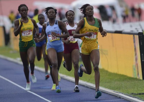 Shorn Hector/Photographer Abigail Shaaffe (right) of St mary High leads the pack in the heat three of the girls class one 800 meters on day three of the ISSA/GraceKennedy Boys and Girls’ Athletics Championships held at the The National Stadium in Kingston on Thursday March 28, 2019