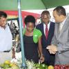 JIS
Minister of Agriculture and Fisheries Dr Christopher Tufton (second right) talking food over a display of produce with, from left, President and Chief Executive Officer, Jamaica Broilers Group, Christopher Levy; Digicel?s Sponsorship Manager, Tahnida Nunes;  Senior Sponsorship Manager and Event Strategist, Jamaica National Building Society, Joy Bennett; and President, Jamaica Agricultural Society, Glendon Harris, during the launch of this year?s Denbigh Agricultural Show, set for July 30-August 1. The launch was done on the grounds of Broilers? retail facility, Ace Supercentre at White Marl, St Catherine, on Tuesday, June 21, 2011.