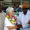 Photo by Christopher Serju
Beef cattle farmer Elizabeth ?Betty? Wildish accepts congratulations from Minister of Agriculture and Fisheries Robert  Montague after creating history yesterday when she was adjudged National Champion Farmer, at age 75 being the oldest person to take this prestigious award. Sharing in the occasion is longtime friend ?????? Rainford, chairman and CEO of the Jamaica Livestock Association. The still active White who has been involved in cattle farming for 40 years, more than twice the age of National Junior Champion Farmer, 24-year-old Nicholas Powell, told the Gleaner that due to work commitments on the St. Ann farm she would not be able to come to Denbigh today.