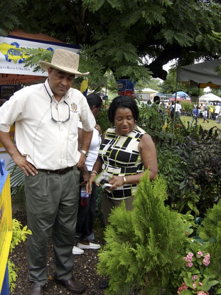Dr. the Hon. Christopher Tufton, Minister of Agriculture and Fisheries, and Joan Grodon Webley at the NSWMA booth at the Denbigh Argicultural Show.