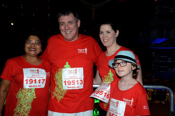 Winston Sill/Freelance Photographer
Digicel Foundation 5K Run/Walk for Special Needs, held on the Waterfront, Downtown Kingston on Saturday night  October 11, 2014. Here are Jean Lowrie-Chin (left), Chairman, Digicel Foundation; Barry O'Brien (second left), CEO, Digicel; Ruth O'Brien (second right); and Christine O'Brien  (right).