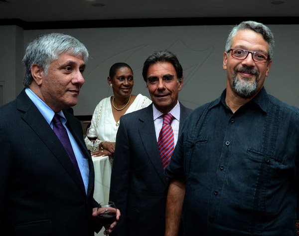 Winston Sill/Freelance Photographer
The Diplomatic Corps host Farewell Reception for departing Colombian Ambassador Luis Guillermo Martinez Fernandez, held at Jamaica Pegasus Hotel, New Kingston on Friday night January 30, 2015.  Here are Luis Moreno (left), US Ambassador; Dr. Iva Gloudon (second left),  Trinidad and Tobago High Commissioner; Anibal Jimenex Abascal (second right), Spanish Ambassador; and Antonio DaCosta Silva (right), Brazil Ambassador.