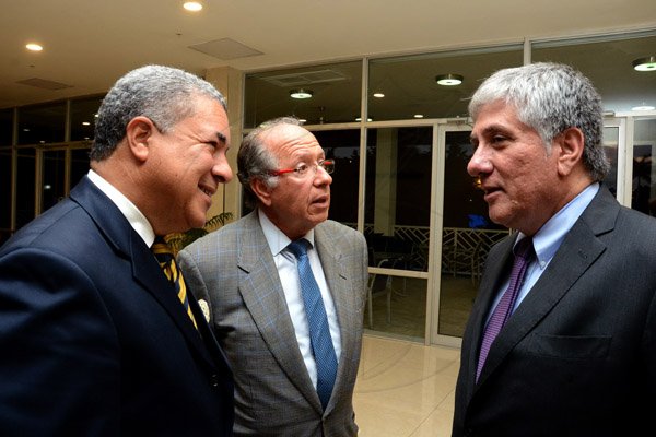 Winston Sill/Freelance Photographer
The Diplomatic Corps host Farewell Reception for departing Colombian Ambassador Luis Guillermo Martinez Fernandez, held at Jamaica Pegasus Hotel, New Kingston on Friday night January 30, 2015. Here are Dr. Jose Tomas Ares German (left), Dominican Republic Ambassador; Luis Guillermo Martinez Fernandez (centre), Colombia Ambassador; and Luis Moreno (right), US Ambassador.