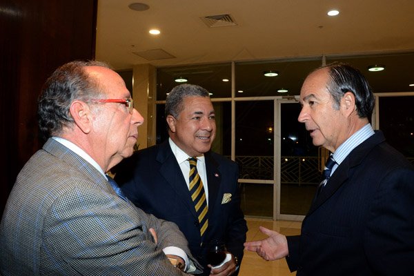 Winston Sill/Freelance Photographer
The Diplomatic Corps host Farewell Reception for departing Colombian Ambassador Luis Guillermo Martinez Fernandez, held at Jamaica Pegasus Hotel, New Kingston on Friday night January 30, 2015.  Here are Luis Guillermo Fernandez (left); Dr. Jose Tomas Ares German (centre), Dominican Republic Ambassador; and Eduardo Bonilla Menchaca (right), Chile Ambassador.