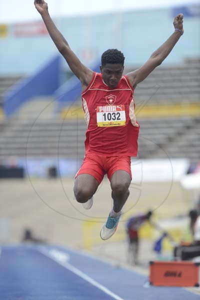 Shorn Hector/Photographer Atiba Clarke of Mona Highh participating in the boys decathalon longg jump on day two of the ISSA/GraceKennedy Boys and Girls’ Athletics Championships held at the The National Stadium in Kingston on Wednesday March 27, 2019