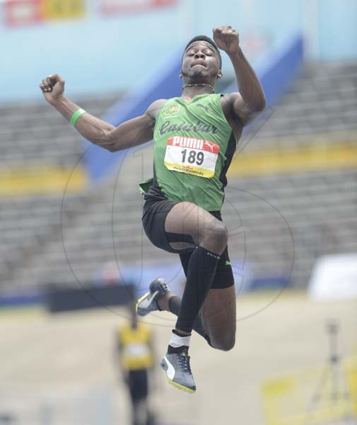 Shorn Hector/Photographer Ricardo Smith of Calabar High participating in the boys decathalon long jump on day two of the ISSA/GraceKennedy Boys and Girls’ Athletics Championships held at the The National Stadium in Kingston on Wednesday March 27, 2019