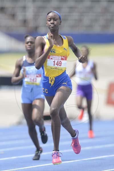 Shorn Hector/Photographer Dejanea Oakley of Clarendon College wins heat three of the girls class three 400 meters dash on day two of the ISSA/GraceKennedy Boys and Girls’ Athletics Championships held at the The National Stadium in Kingston on Wednesday March 27, 2019